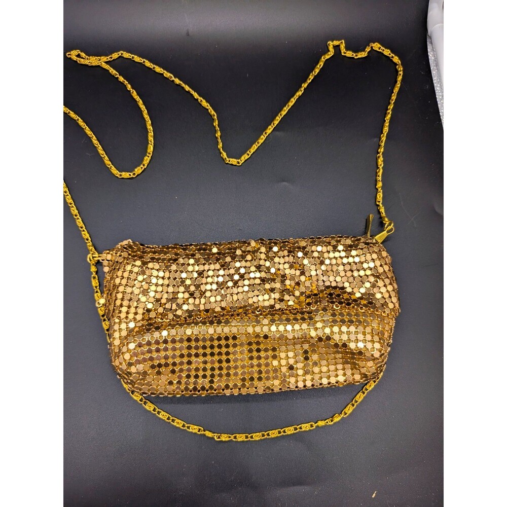 Womens Small Gold Metallic Crossbody Bag Zip Chain Strap Lined Inner Pockets